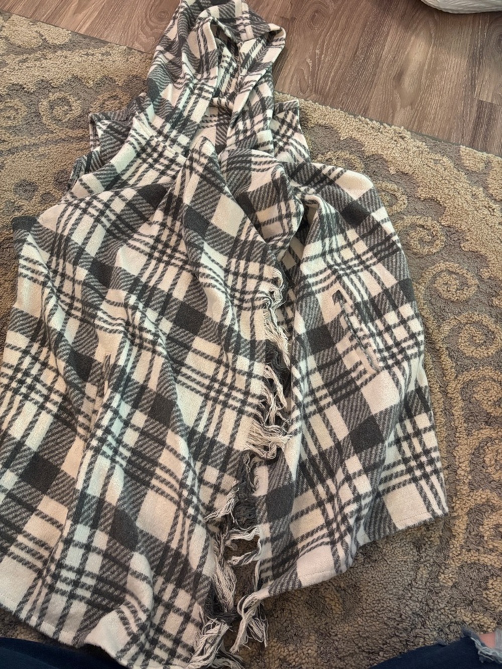 Jolt Hooded Plaid Fringe Poncho in Beige and Gray